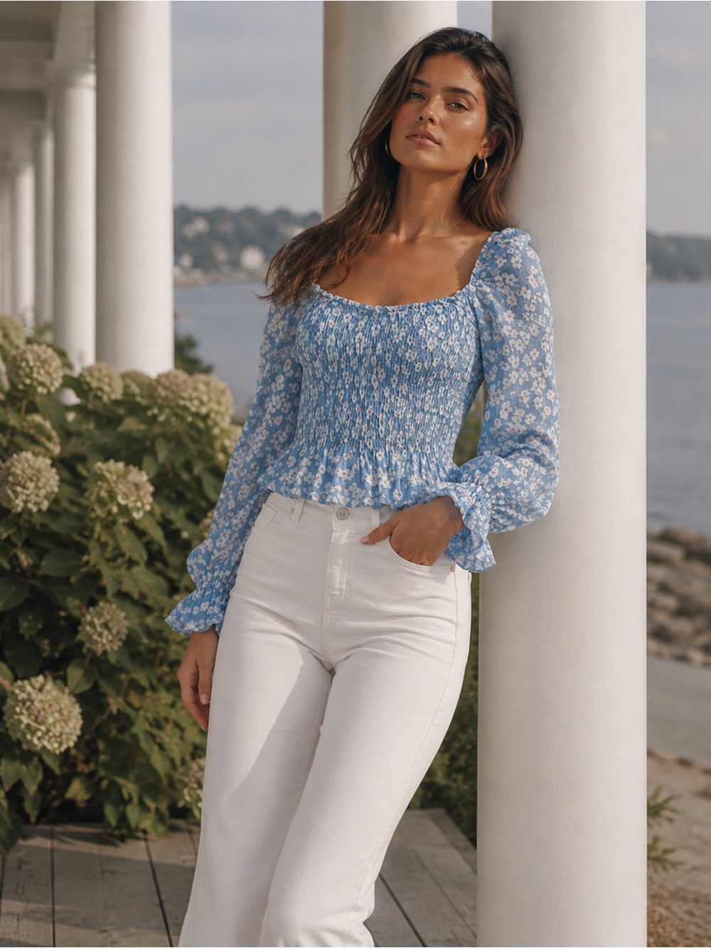 Reformation Blue Floral Linen Smocked Crop Top XS Cottagecore Coastal Chic